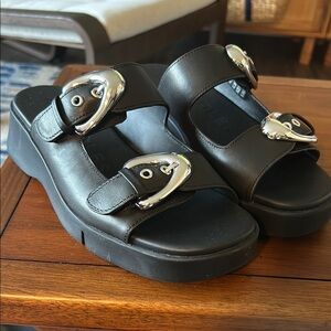 AEROSOLES Black Sandals Mules with Silver Buckles
